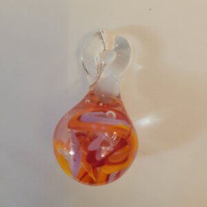 Murano Glass Teardrop Pendant With Swirls Of Pink & Orange Handmade Art Piece